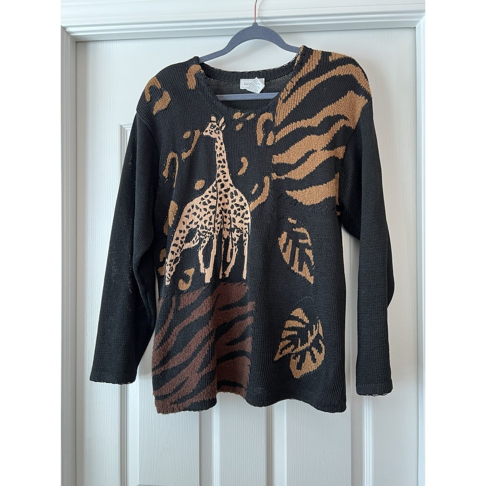 Vintage Jacobson's Sweater Large Black‎ Embroidered Safari Leopard Giraffe Knit